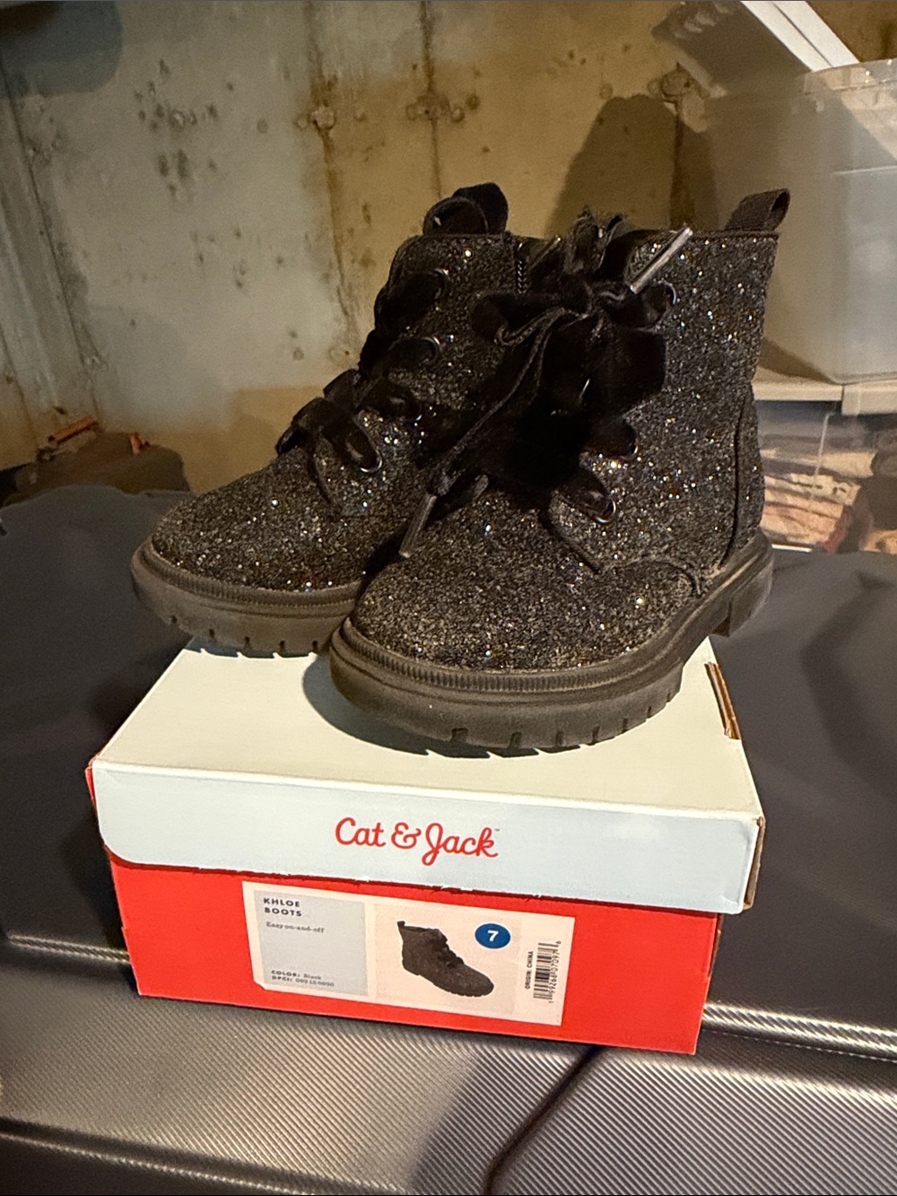 Cat & Jack Black Glitter Lace-Up Girls' Boots